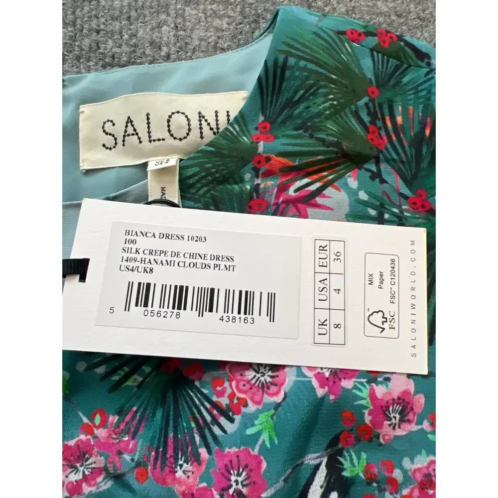 NWT $975 SALONI Bianca Blue Hanami Clouds Pure Silk Jacquard Crepe Chine Dress 4 - Picture 5 of 13